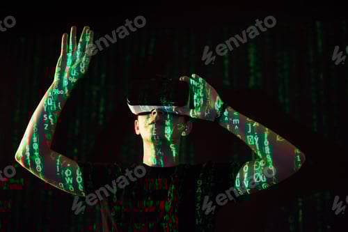 Preview: Double exposure of a caucasian man and Virtual reality headset is presumably a gamer or a hacker
