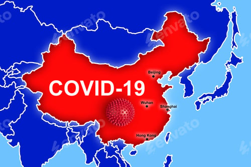 Preview: Map with contours of China with towns that confirmed coronavirus infection