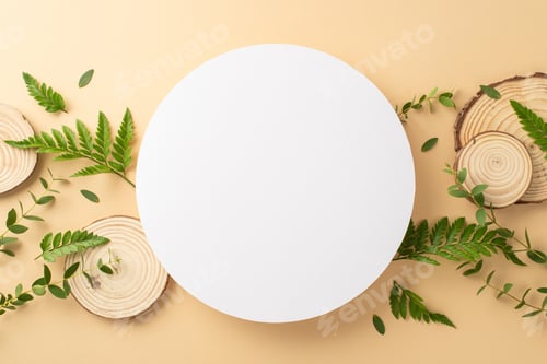 Preview: Simple beauty of wild nature concept. Top view photo of empty round frame with eucalyptus