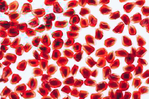 Preview: Top view of scattered pomegranate seeds isolated on white