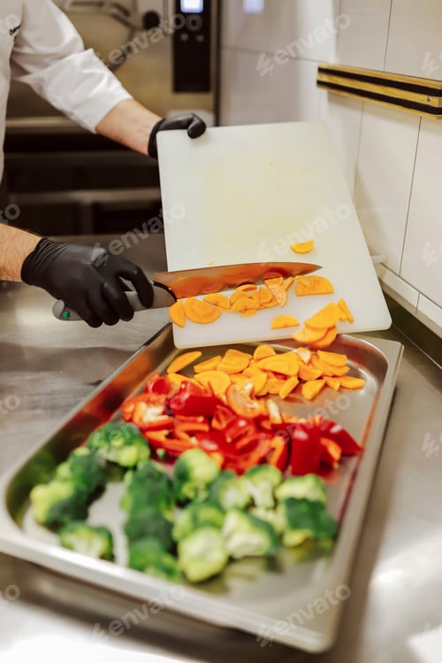 Preview: Cooking in process. Preparing pita with fresh vegetables. Chef in process on the kitchen