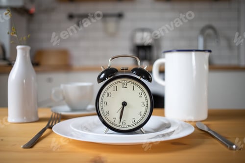 Preview: intermittent fasting concept alarm clock on kitchen table