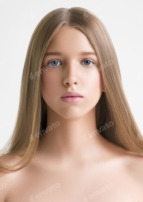 Preview: Long smooth hair clean skin girl healthy skin care natural makeup female portrait isolated on white