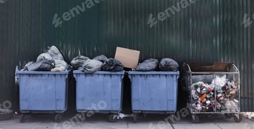 Preview: Full garbage cans in the city park. Various Colour of Recycle Waste Garbage Carts on the Street, Rec