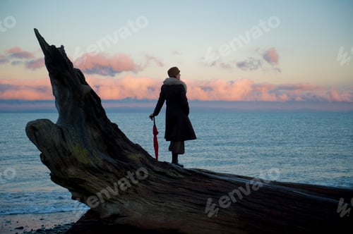 Preview: Woman leaning on umbrella standing on large driftwood tree trunk on beach
