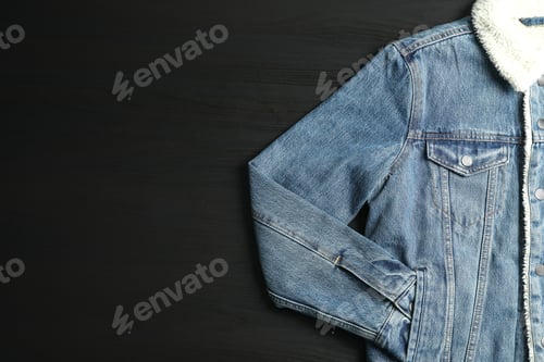Preview: Denim jacket on black background, space for text