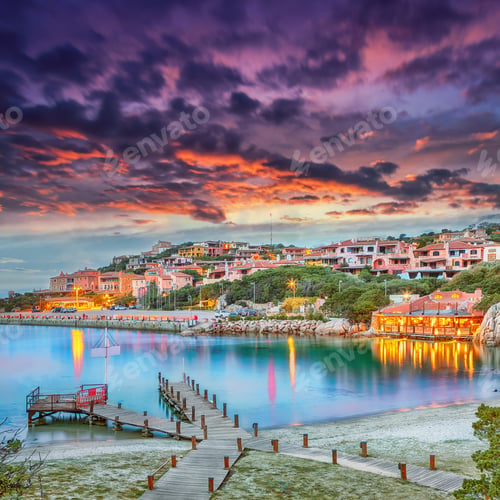 Preview: Unbelivable view of Porto Cervo town illuminated at sunset.