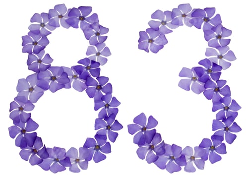 Preview: Numeral 83, eighty three, from natural blue flowers of periwinkle, isolated on white background