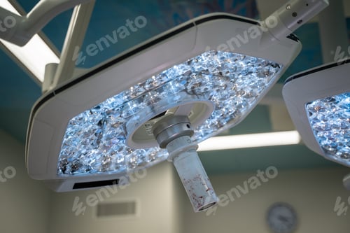 Preview: Closeup of a surgical light in an operating room with a blurry background