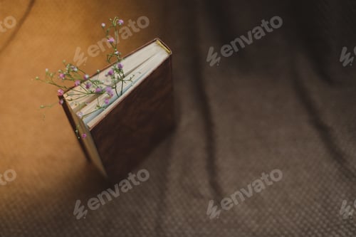Preview: Still life with old book and dried flowers on dark vintage background top view. Flat lay styling.