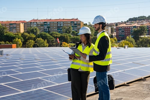 Preview: Engineers inspecting rooftop solar panel installation planning project