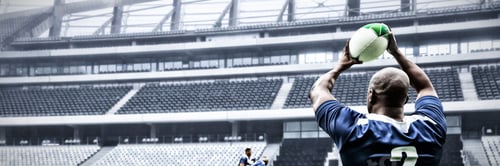 Preview: Digital composite image of rugby player throwing the ball in sports stadium
