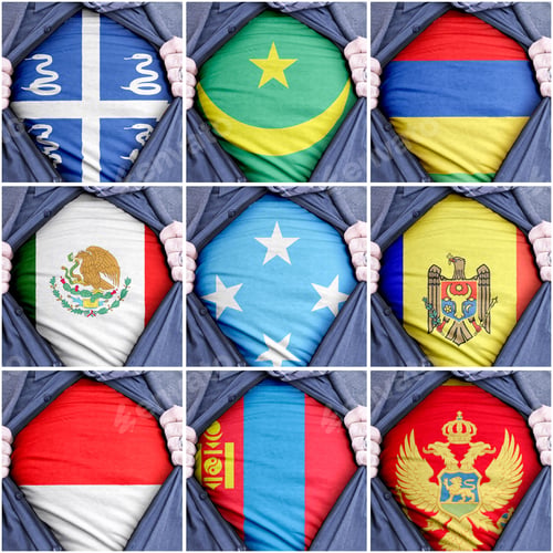 Preview: Collection of ripping shirts showing printed flags of different countries