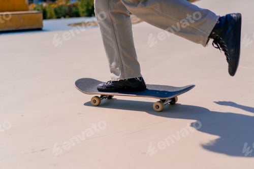 Preview: Young guy skateboarder skateboarding around the city skatepark next the figures for stunts close-up