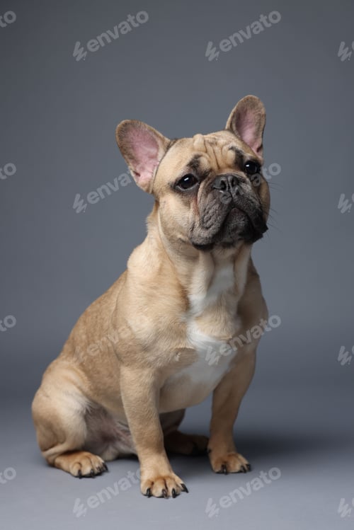 Preview: Adorable French bulldog dog sitting on grey background