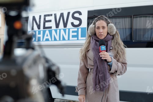 Preview: Confident female reporter by TV van