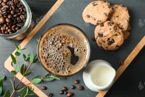 Preview: Coffee time accessories on black table, space for text and top view. Break time
