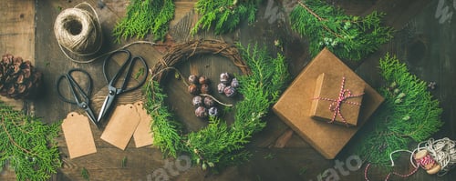 Preview: Flat-lay of Christmas and New Year decoration materials