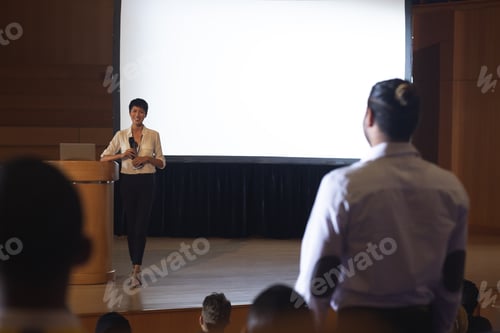 Preview: Businesswoman discussing while woman from the audience standing and asking query in the auditorium