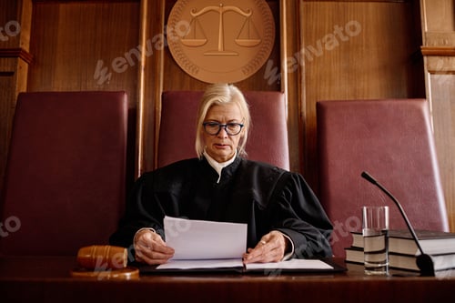 Preview: Confident mature female judge in black mantle looking through documents
