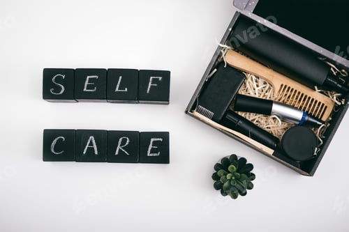 Preview: Men self care kit black box with male beauty care products and devices. Men self care package or