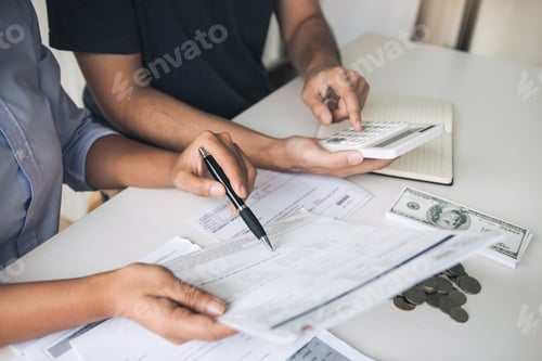Preview: couples and men and women are together analyzing expenses or finances in deposit accounts