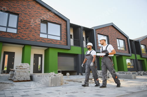 Aperçu: Two builders on the background of new cottages. The work is done