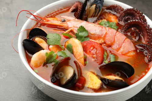 Preview: Delicious seafood soup in bowl on gray textured table, closeup