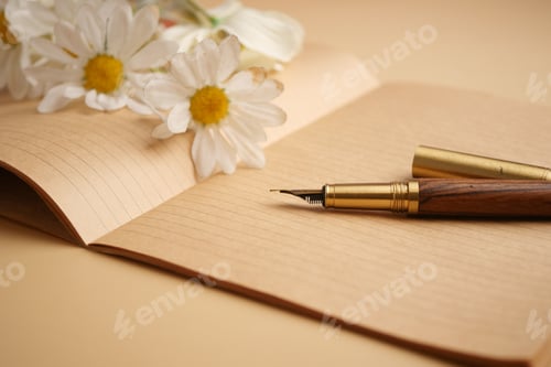 Preview: Writing with a fountain pen near flowers on a notebook