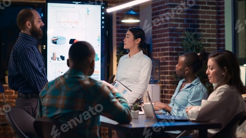 Preview: Coworkers greeting colleagues, giving corporate presentation in business meeting