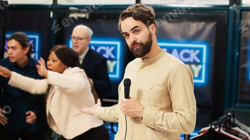 Preview: News reporter in crowded clothing store