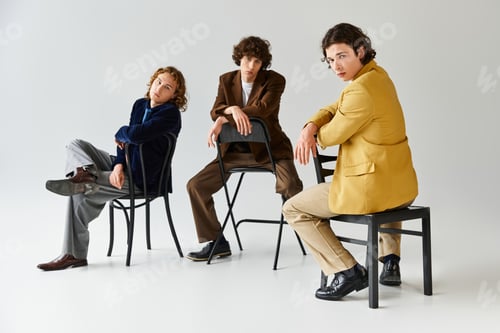 Preview: Stylish young friends showcasing modern fashion in a contemporary setting together