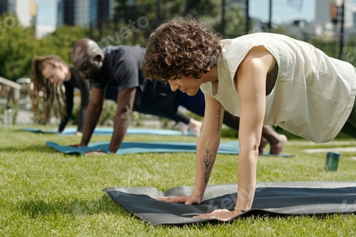 Preview: Side view of young brunette sportswoman doing press ups on mat on green lawn