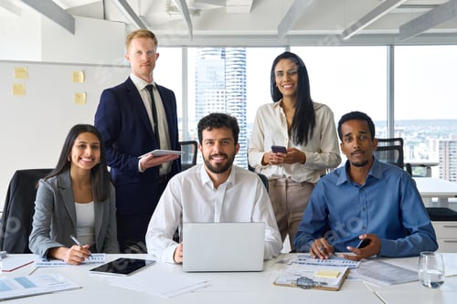 Preview: Diverse team business people workers in office boardroom, portrait