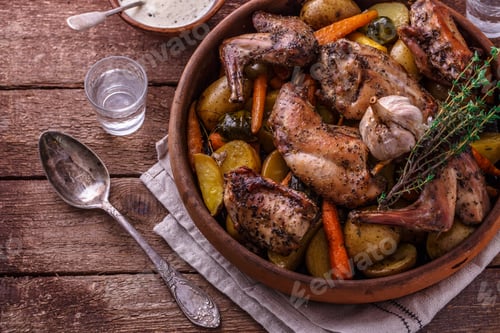 Preview: Oven baked rabbit with root vegetables and herbs, rustic style