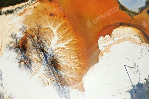 Preview: Aerial view of acid mine water drainage flow, toxic mine waters polluting the environment