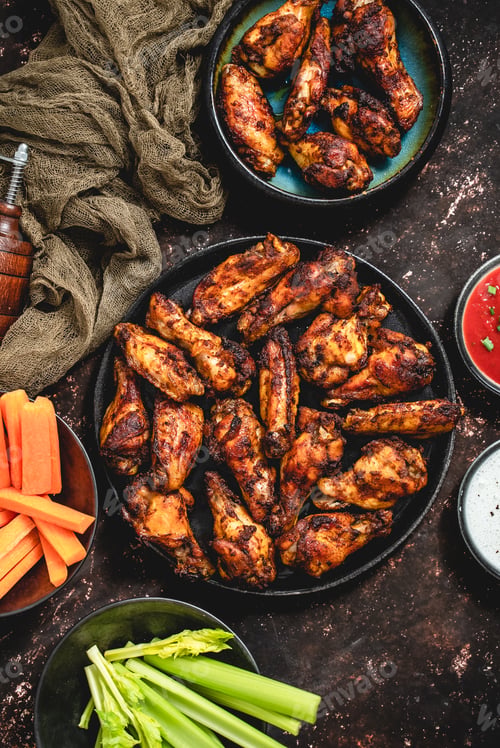 Preview: Grilled spicy chicken wings served with tomato and yogurt dips, celery and carrot