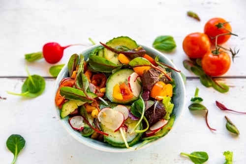 Preview: Salad with cucumber, tomato, red radish and bell pepper