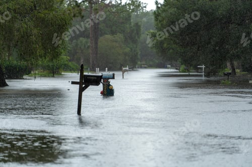 Preview: Flooded Florida road in suburban residential area