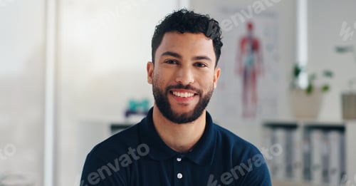 Preview: Man, physiotherapist and portrait in office with smile, career pride and healthcare service. Chirop