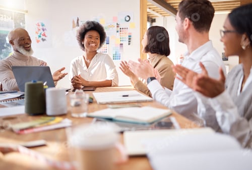 Preview: Creative business people, meeting and applause in planning for fashion design, success or strategy