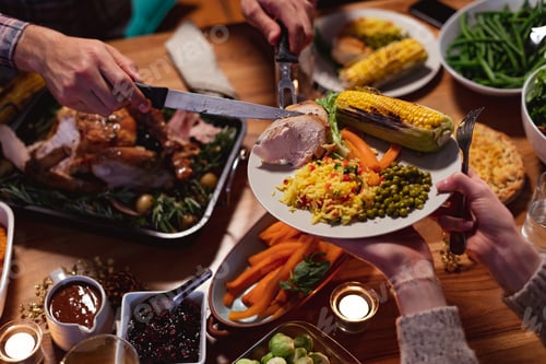 Preview: Millennial adult friends celebrating Thanksgiving together at home