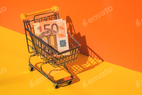Preview: Euro paper currency 50 banknote money Shopping trolley cart on colorful orange yellow background