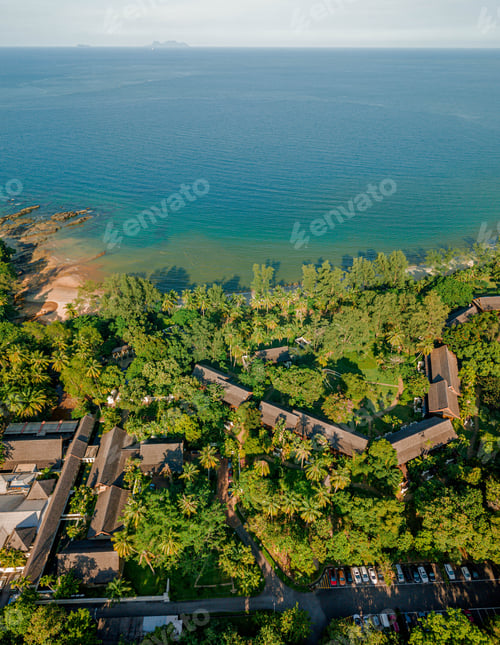 Preview: Aerial drone view of calm coastal scenery in Tanjung Jara, Dungun, Terengganu, Malaysia.