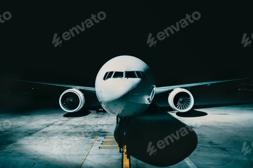 Preview: Airliner plane parked at the terminal view from the front cockpit fuselage, on runway at night