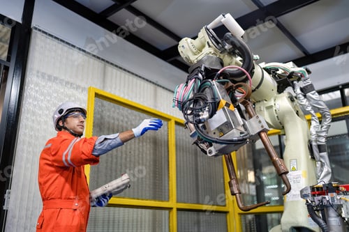 Preview: Engineer testing operation robot arm after maintenance and programing ready to send to industry