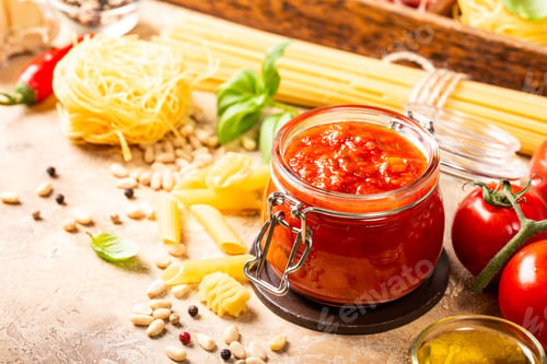 Preview: Glass jar with homemade classic spicy tomato pasta or pizza sauce.