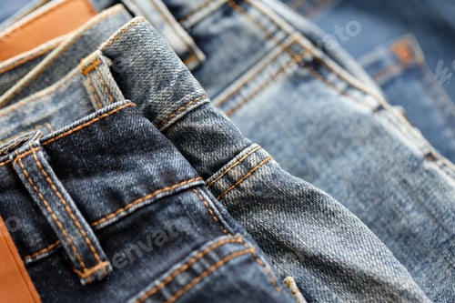 Preview: Many jeans in stack in wardrobe room. Row of pants denim jeans in closet
