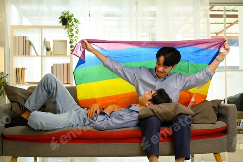 Preview: Cheerful gay couple holding a rainbow pride flag relaxing on sofa