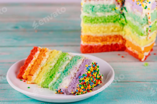 Preview: Birthday colorful rainbow layer cake with sprinkles.